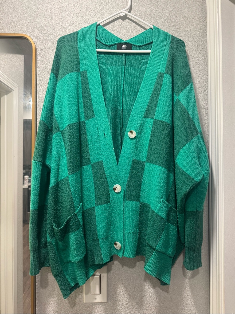 Dressed in LALA: Light Green and Dark Green Checkerboard Button Cardigan